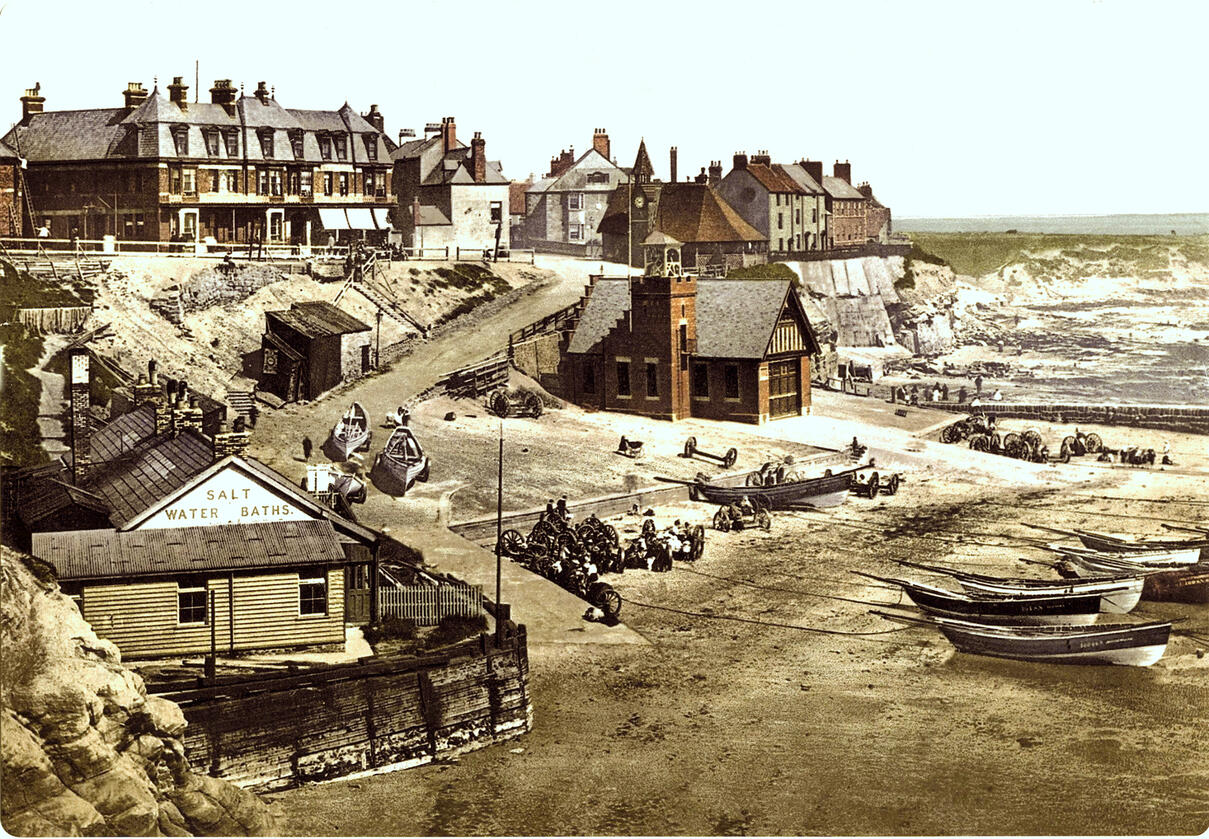 Tin Print Vintage print of Watch House, cottages and beachfront.