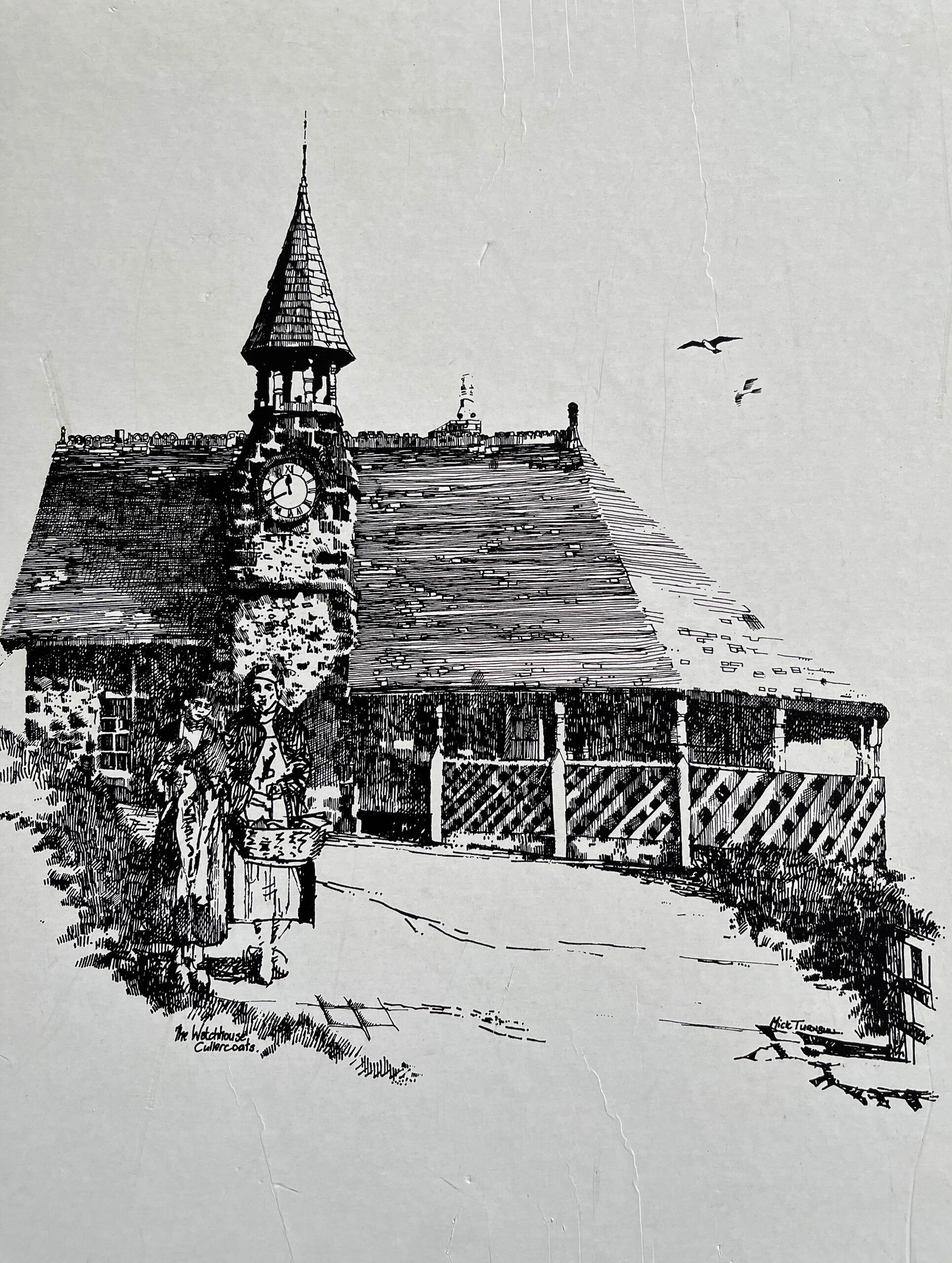 A black and white drawing of the Watch House, from the south